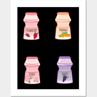 Cute strawberry orange peach grape yoghurt drinks Posters and Art